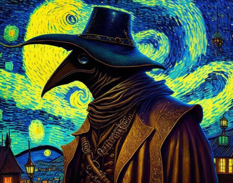 Plague Doctor Costume Figure in Starry Night Setting