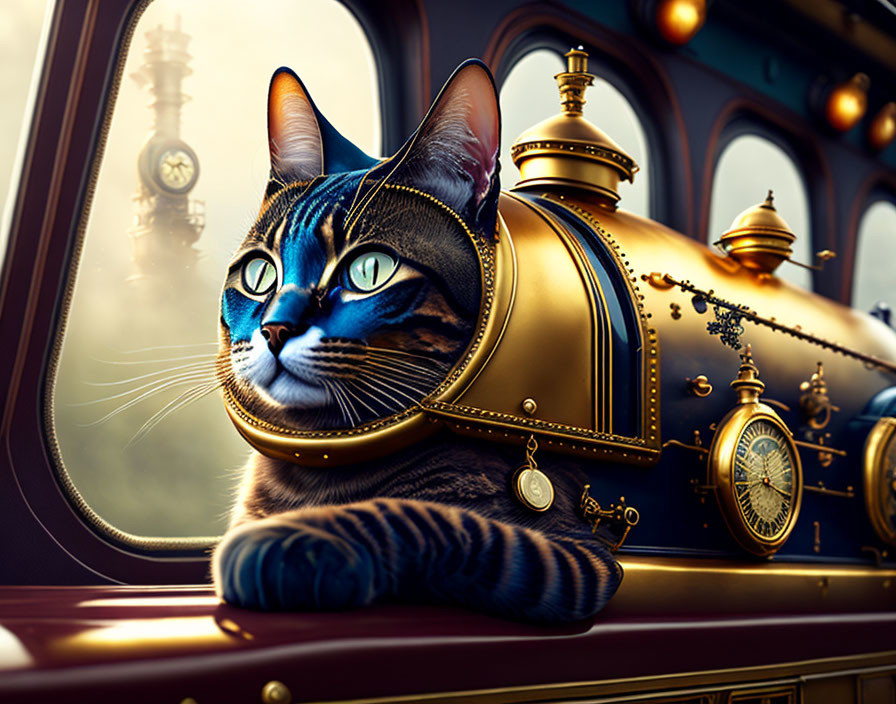 Digital artwork: Cat-train hybrid with steampunk theme