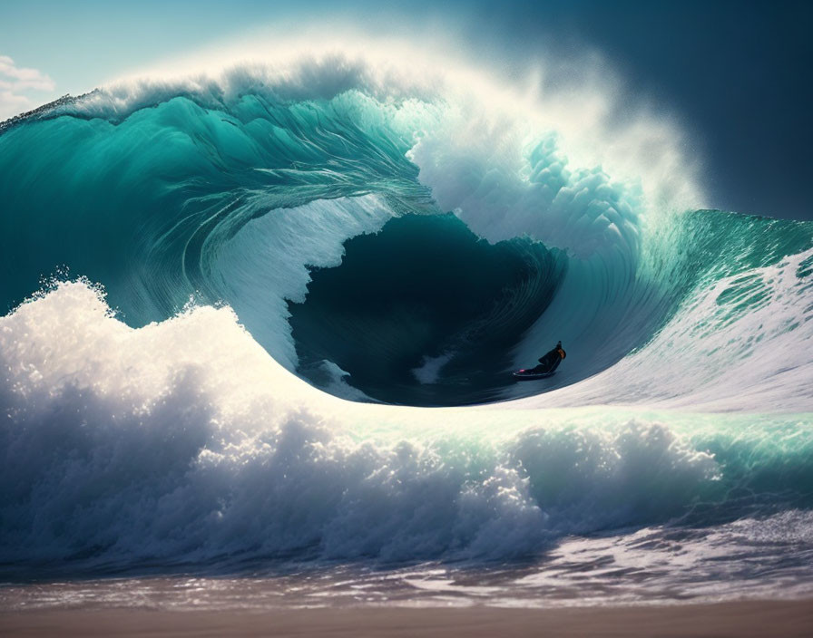 Surfer riding massive, towering wave with vibrant turquoise hues