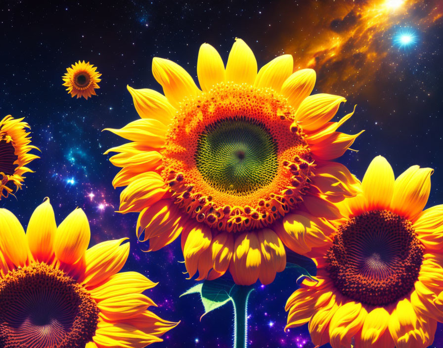 Colorful Sunflowers Against Cosmic Background with Stars and Nebulae