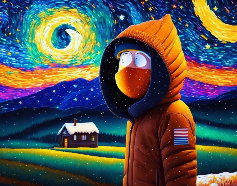 Character in Space Helmet and Orange Jacket on Starry Night Background