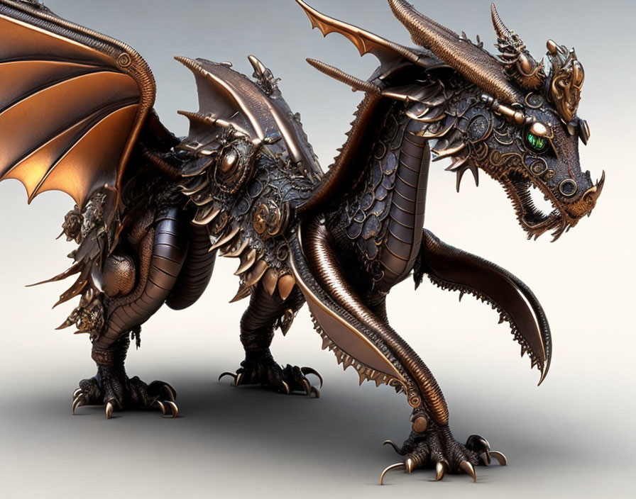 Detailed 3D rendering of mythical dragon with armor-like scales and green eyes