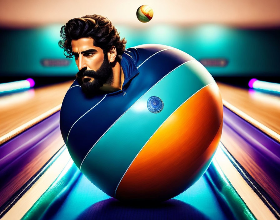 Man with beard and swirling bowling ball art: bowling lane and pins reflection.