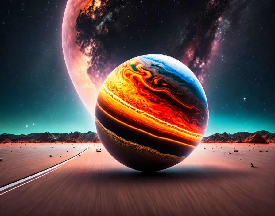 Detailed surreal landscape with colorful Jupiter-like planet and star-filled sky.