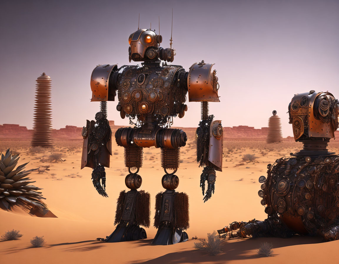 Whimsical robots in desert landscape with rock formations