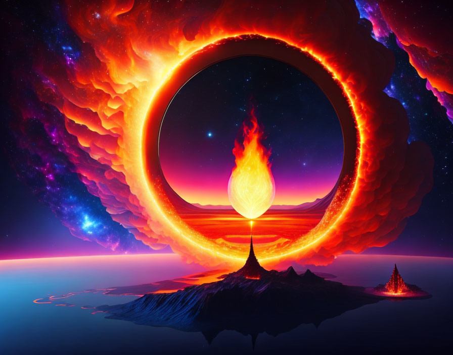 Digital art: Fiery ring above tranquil sea with seed-like structure.