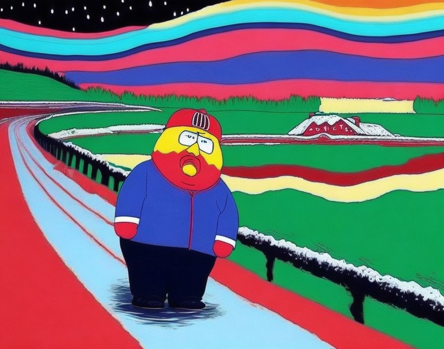 Man with Beard in Winter Clothing Walking on Vibrant Path in Stylized Landscape