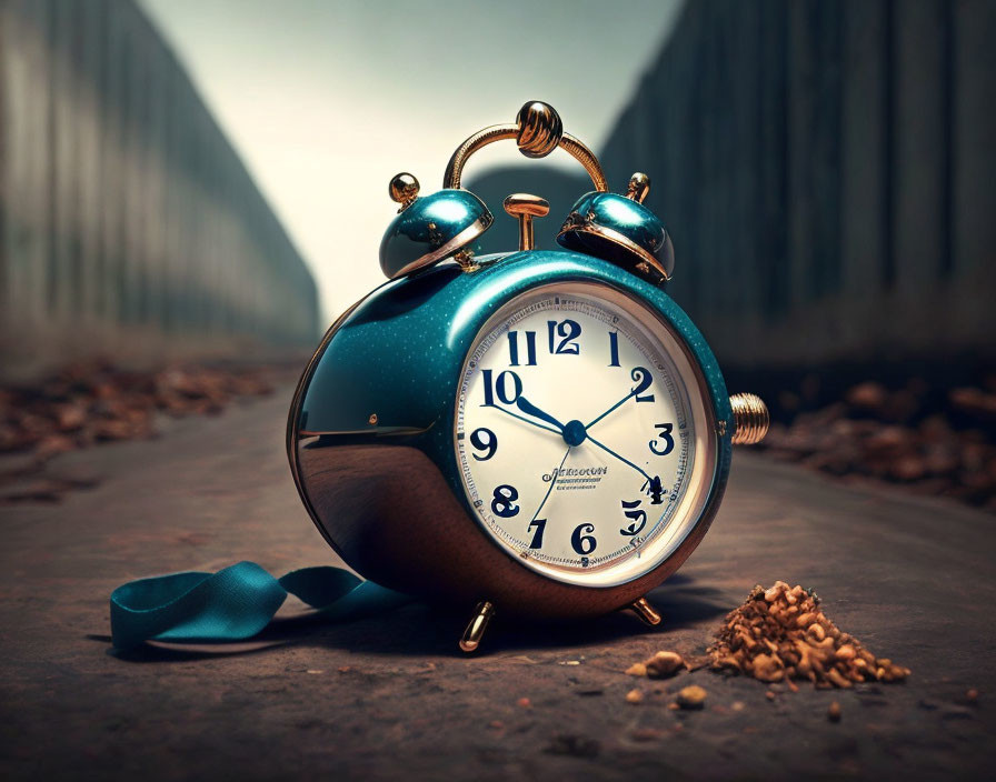 Vintage alarm clock with blue ribbon on gritty street, showing 10:09 time on blurred background