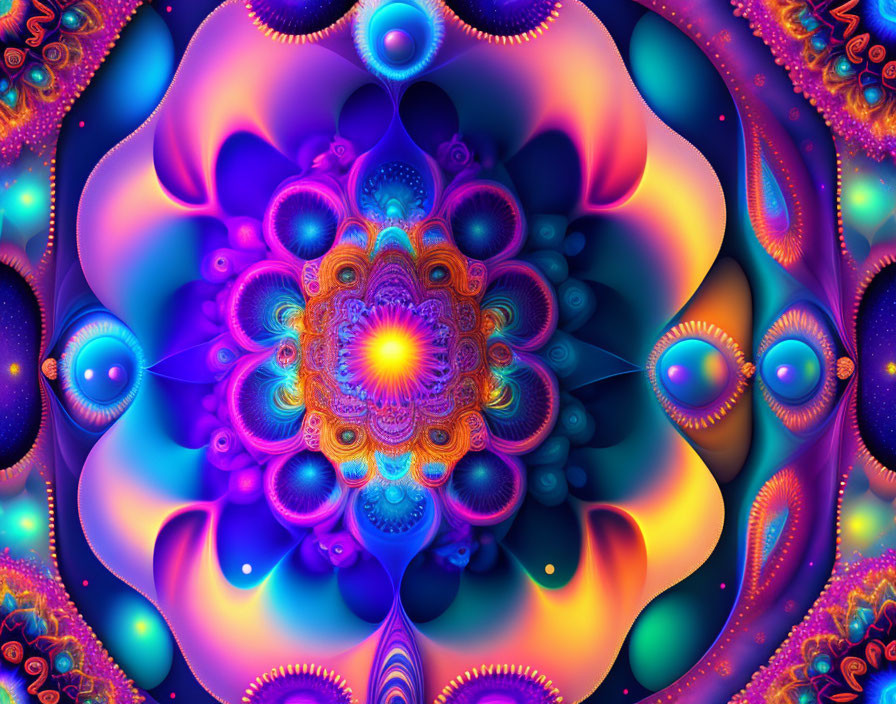 Colorful Fractal Image with Symmetrical Patterns and Warm/Cool Tones