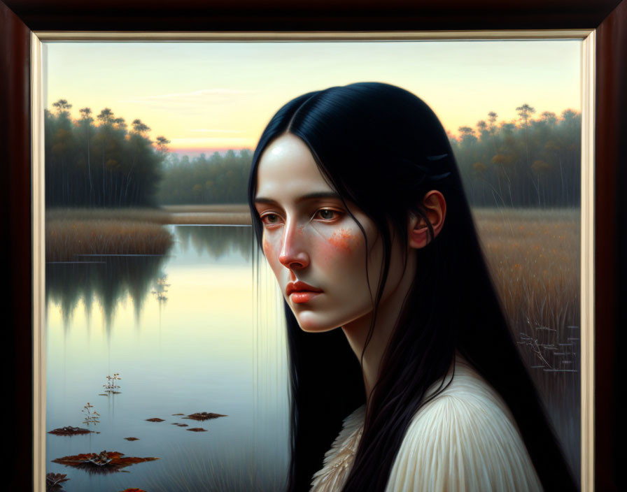 Dark-haired woman gazes at serene lake in twilight forest landscape