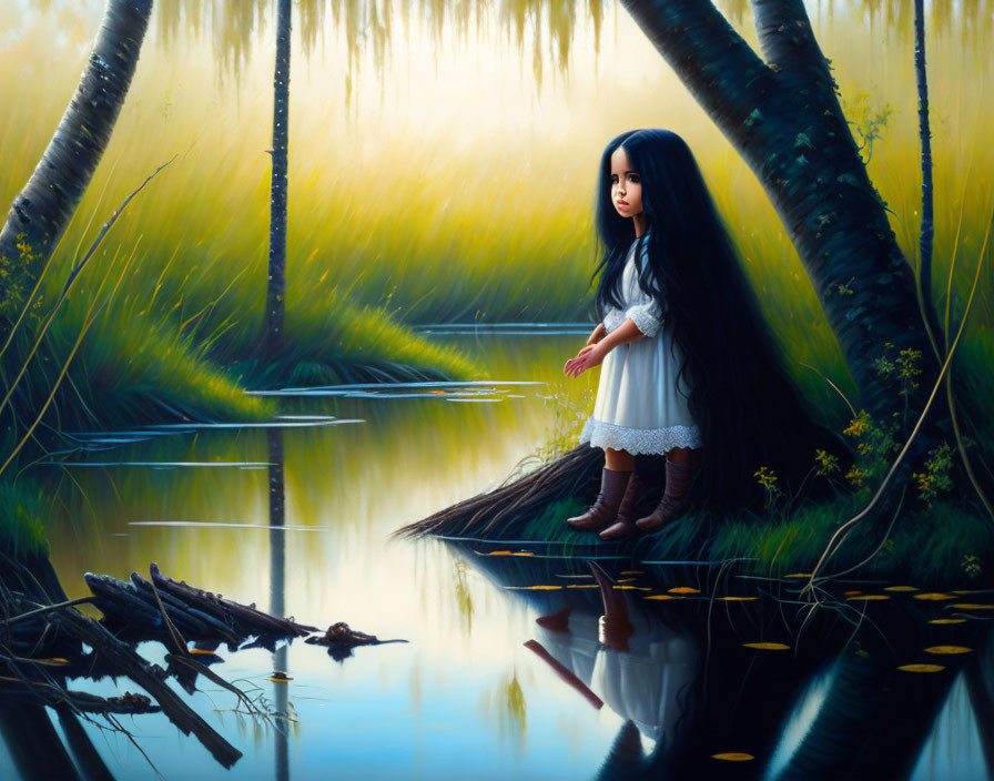 Young girl in white dress and brown boots near reflective water with leaning trees and blue & yellow forest.