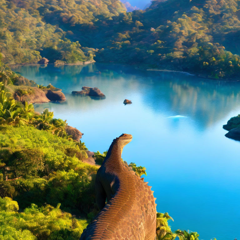 Dinosaur overlooking vibrant landscape with turquoise waters