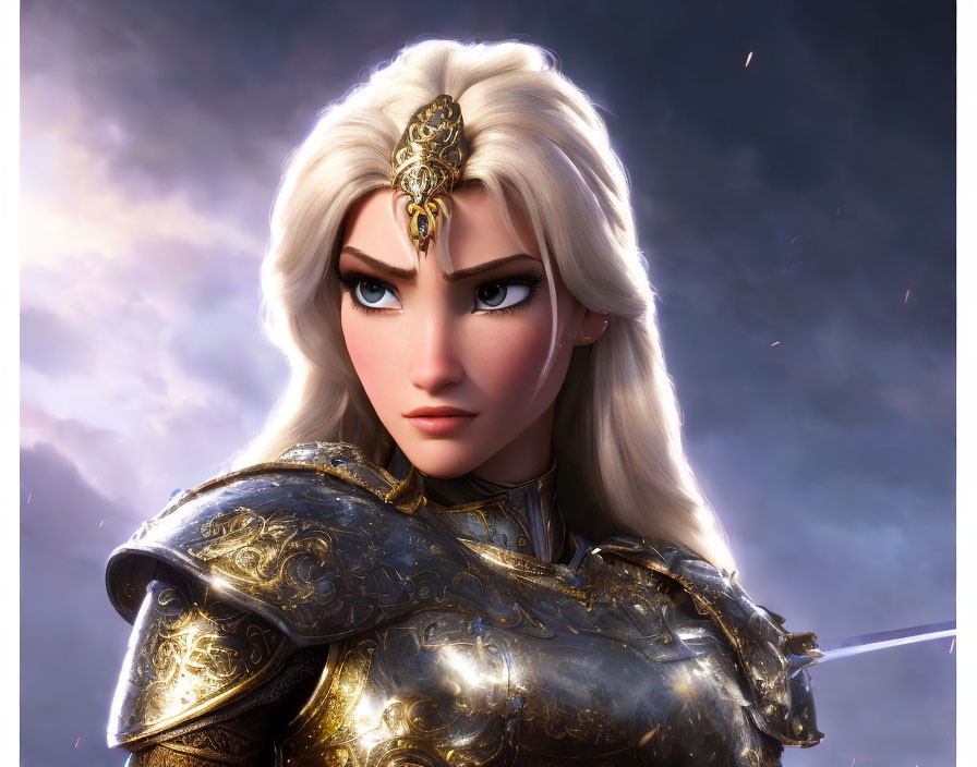 Blonde female warrior in golden armor under dramatic sky