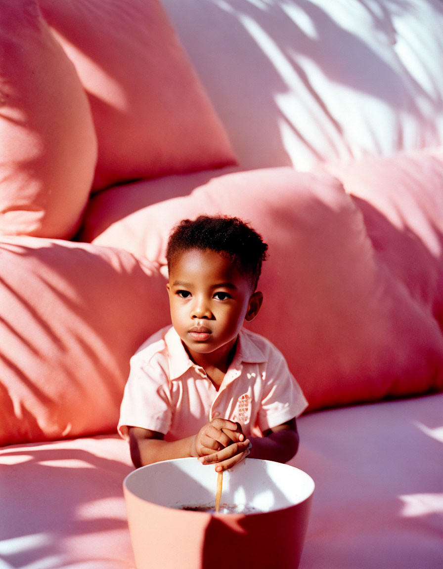 Child holding stick over bowl in soft pink lighting