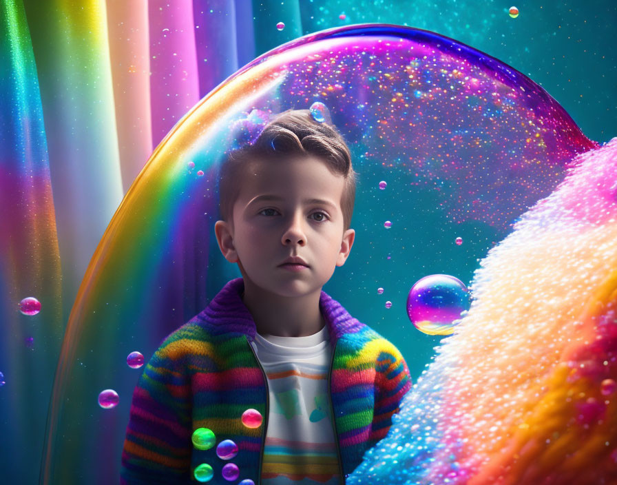 Child in Colorful Sweater Mesmerized by Vivid Soap Bubble in Rainbow-lit Setting