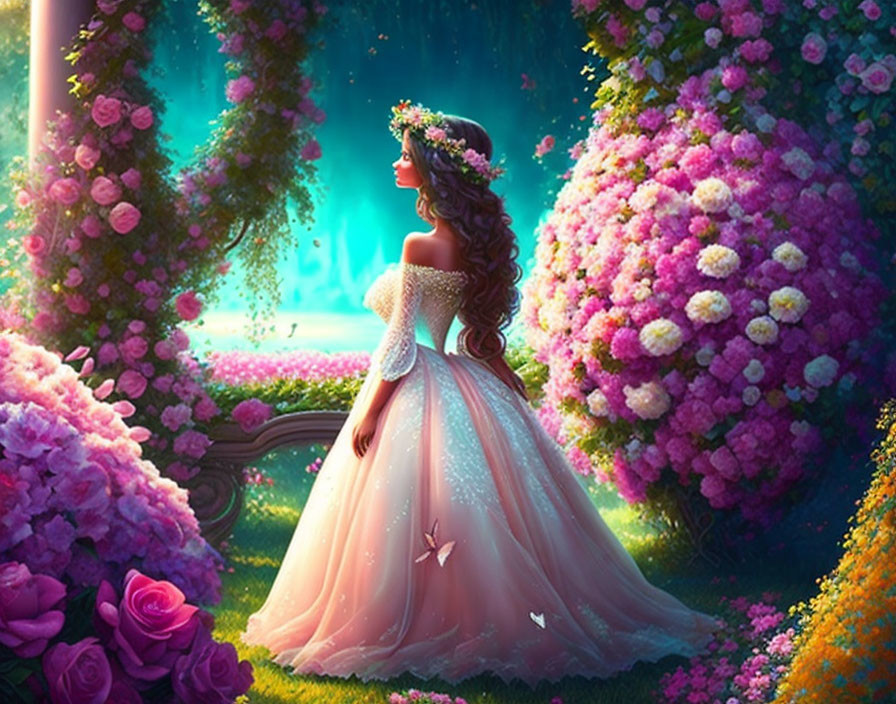 Woman in floral crown and sparkly dress in magical forest clearing