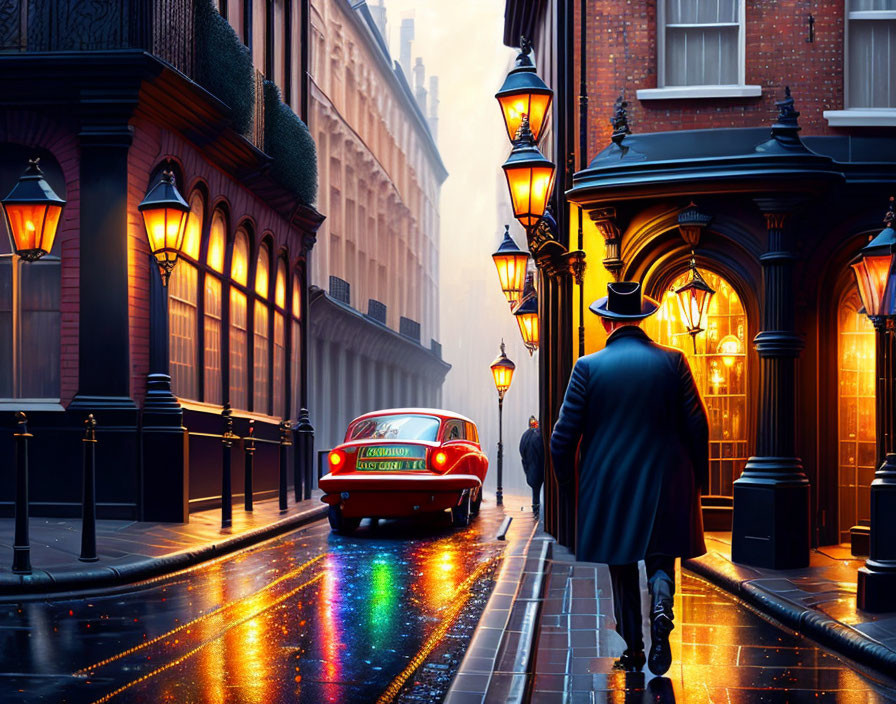 Person in hat strolling on wet cobbled street with vintage lamps and classic red car.