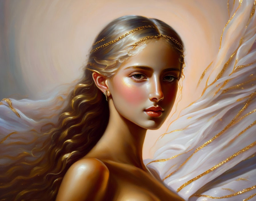 Golden-haired woman in elegant jewelry with serene gaze in digital painting