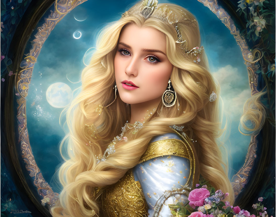 Illustrated portrait of ethereal woman with long blonde hair, golden crown, intricate earrings, floral arch