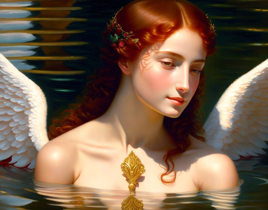 Red-Haired Angel with Floral Crown and White Wings Submerged in Water