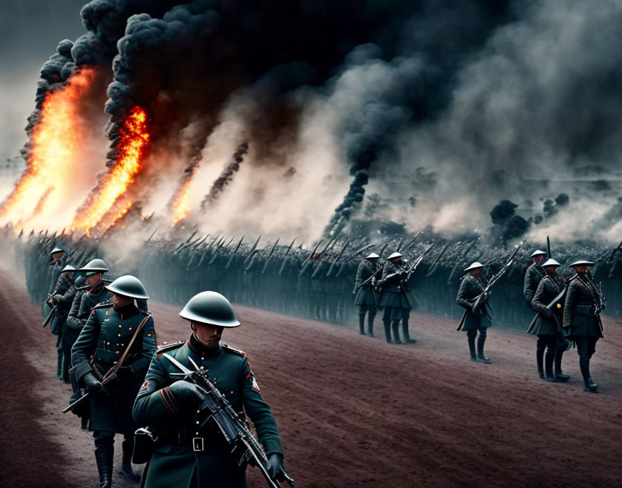 Historical soldiers in uniform march by blazing inferno