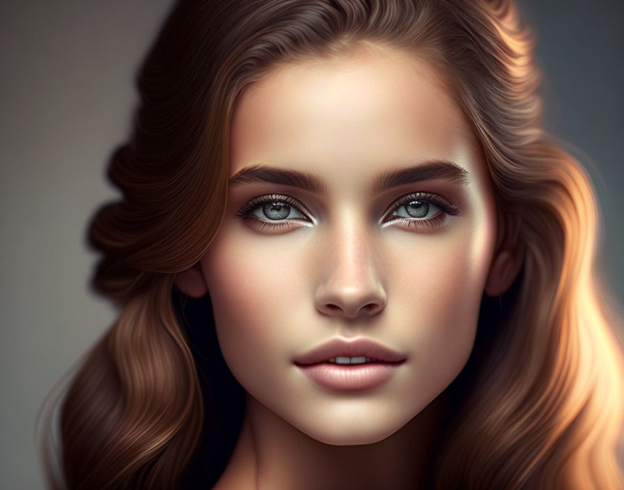 Detailed portrait of woman with flowing wavy hair and soft gaze