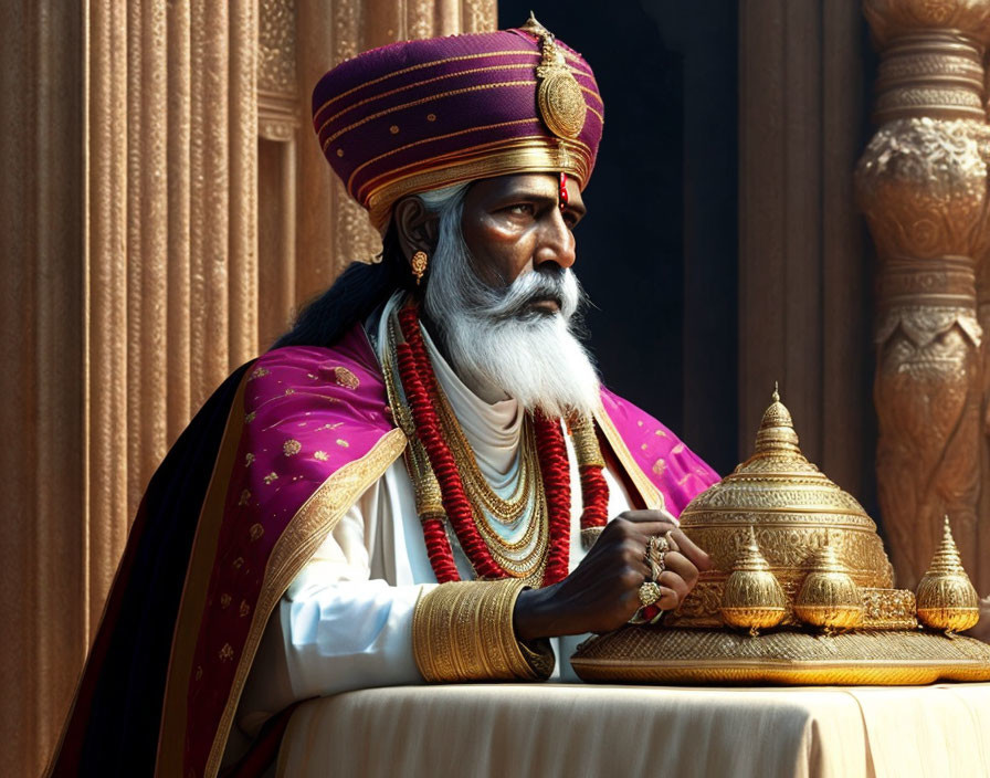 Regal figure in purple and gold robe with white beard and turban.