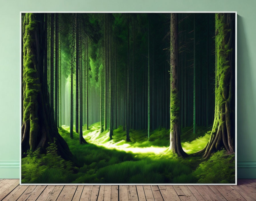 Forest Canvas Print on Blue Wall: Towering Trees & Sunlight