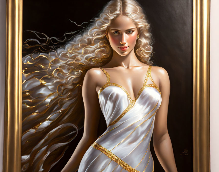 Blonde Woman in White and Gold Dress Beside Dark Frame