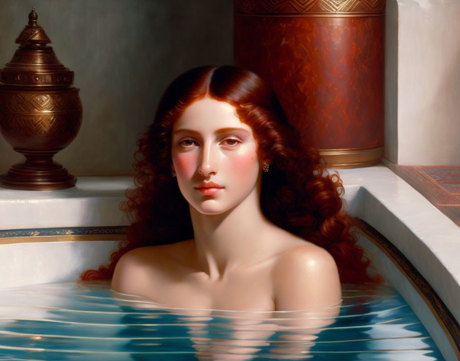 Red-Haired Woman Partially Submerged in Water Against Classical Architecture Background