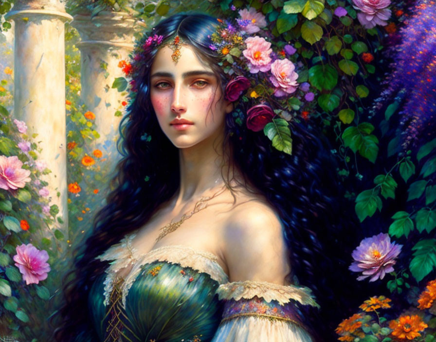 Portrait of Woman with Floral Adornments in Lush Garden