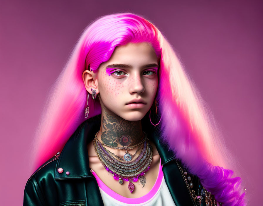 Digital artwork: Person with pink & blonde hair, freckles, tattoos, piercings,