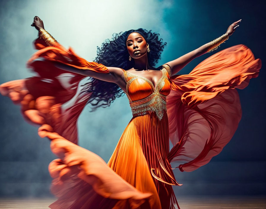 Voluminous Hair Woman in Orange Dress Pose on Blue Background