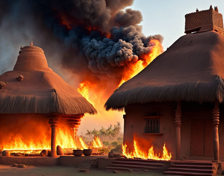 Burning African village with thatched huts and scattered pottery