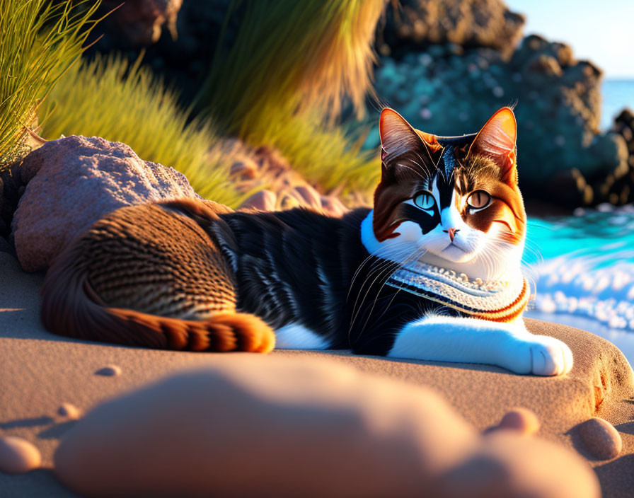 Stylized cat digital artwork with green eyes on sandy beach