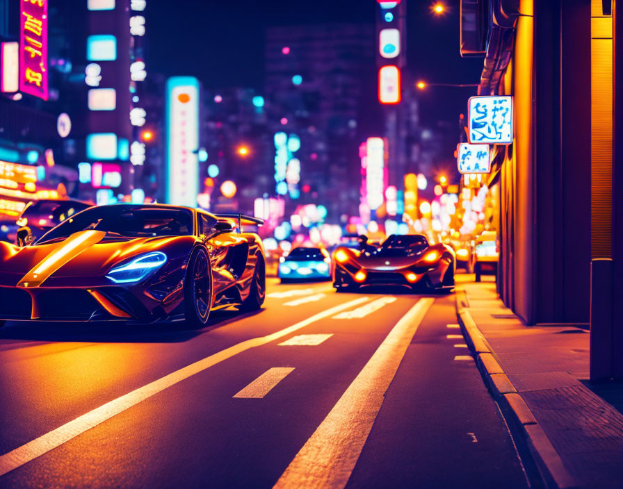 Vibrant urban lights on a bustling city street at night.