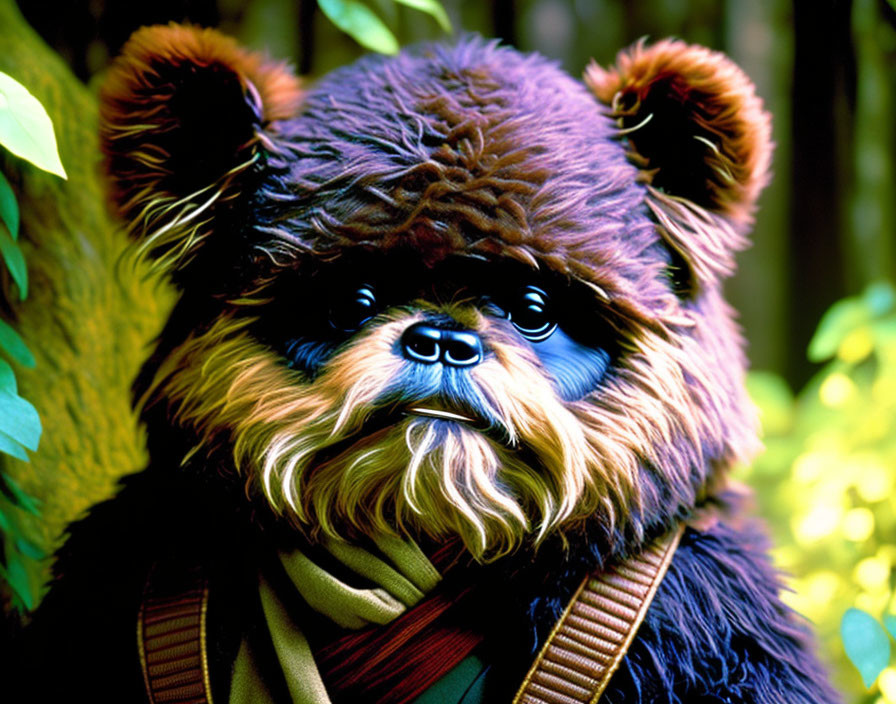 Close-up of Wookiee with green scarf in leafy setting