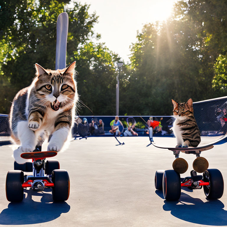 Two cats riding skateboards in a park with people in the background.