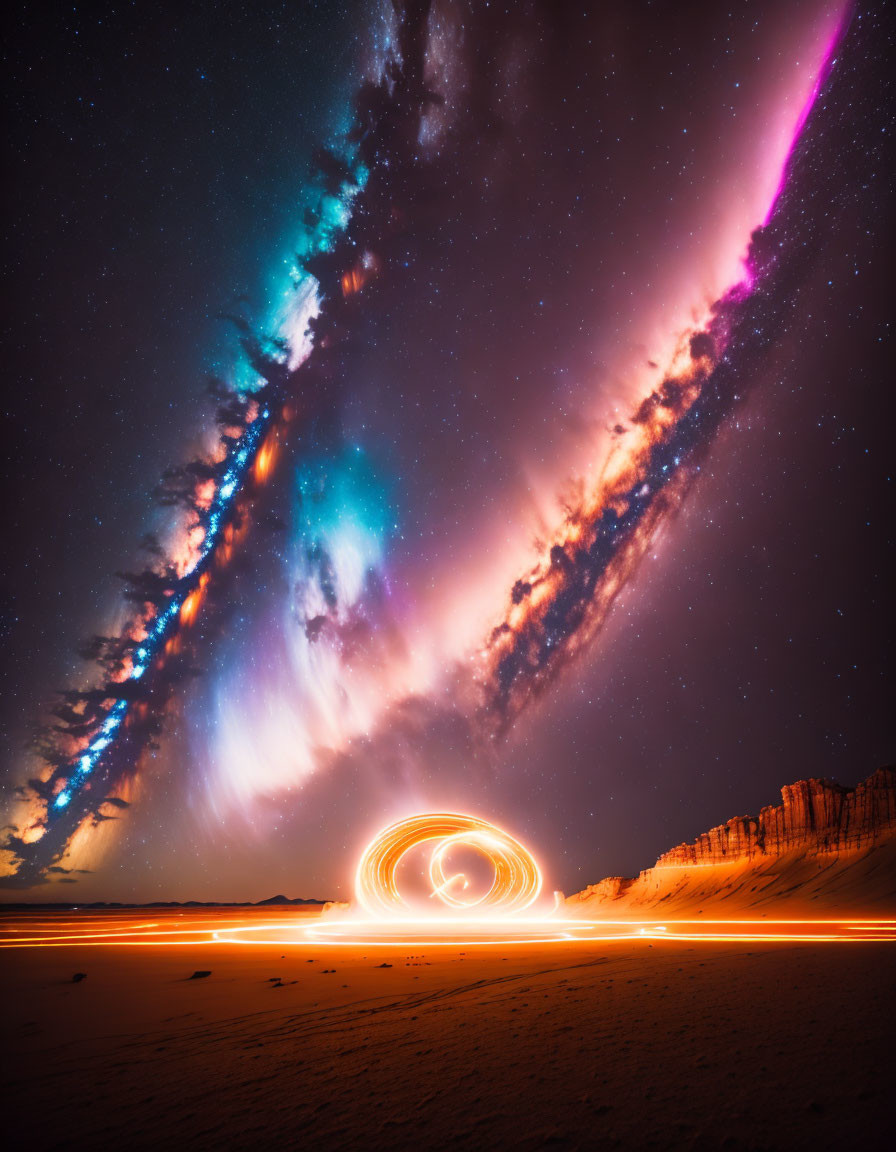 Stunning Milky Way night sky with spiral light over sandy cliffs