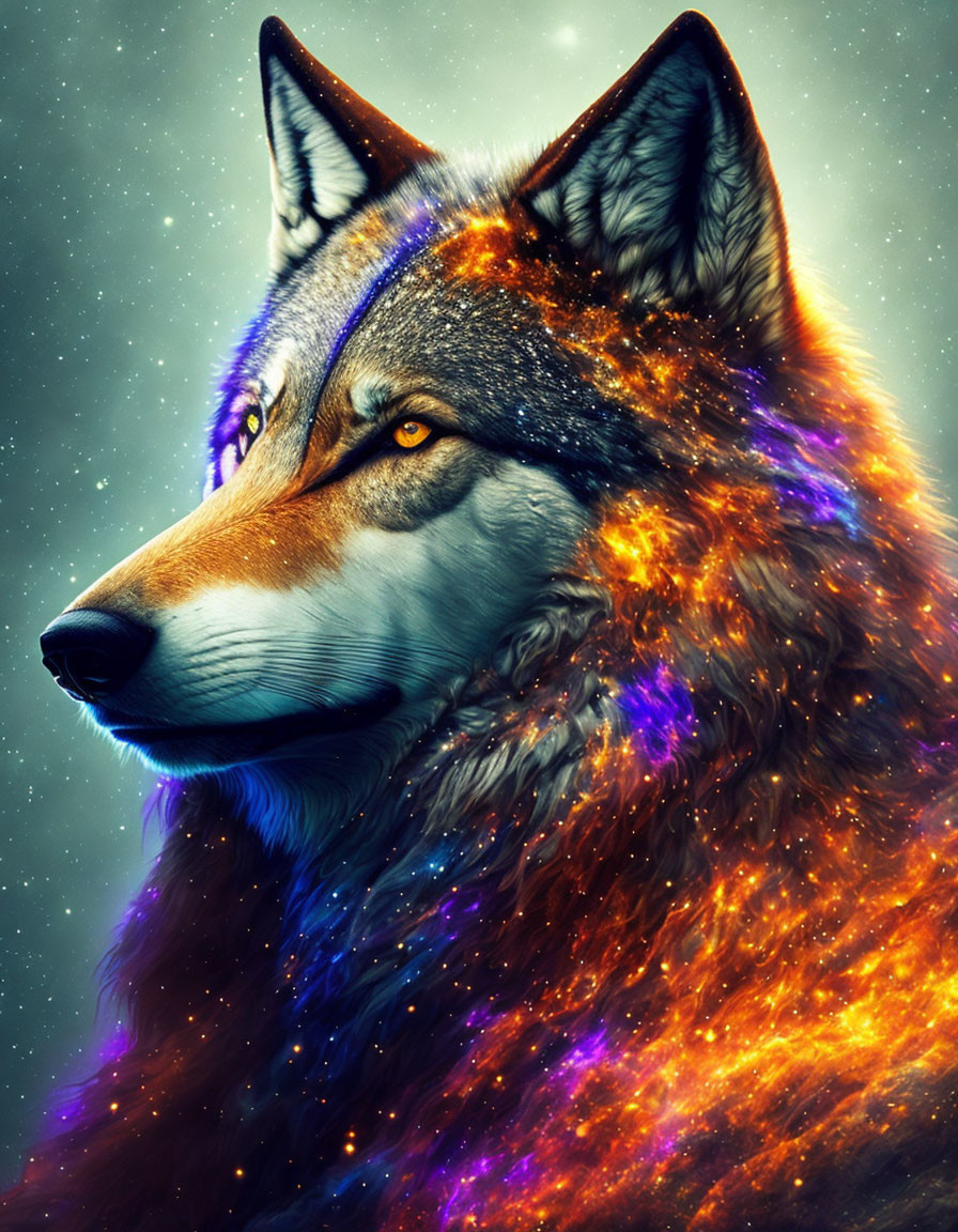 Colorful Wolf Artwork with Cosmic Starry Fur Effect