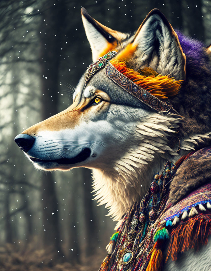 Stoic wolf with tribal headdress in snowy forest scene