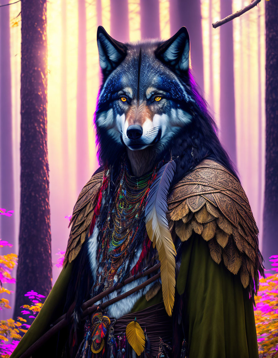 Digital artwork of humanoid wolf in tribal garb, mystical forest setting