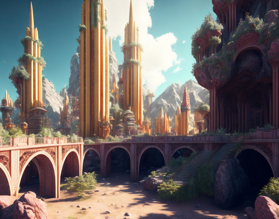 Majestic golden spires and ornate bridges in a fantastical landscape