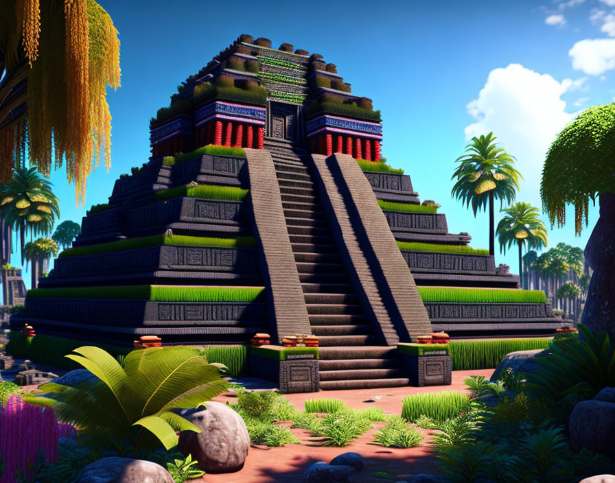 Mesoamerican pyramid in lush tropical setting