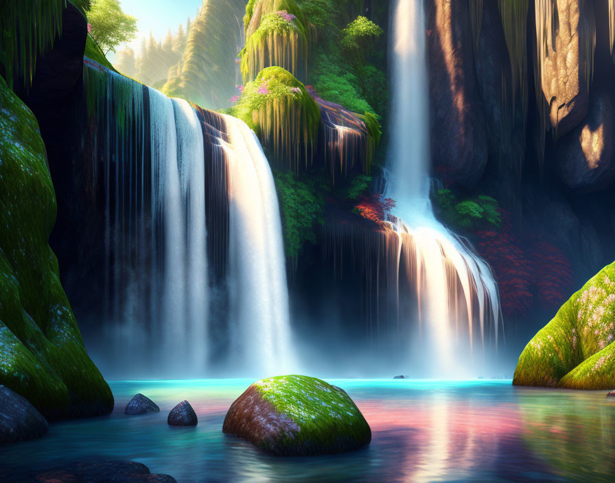 Tranquil waterfall in lush green setting with vibrant foliage and calm blue pool