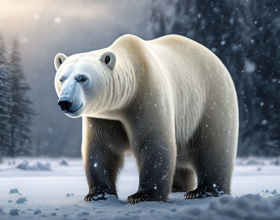 Polar bear in snowy landscape with falling snowflakes