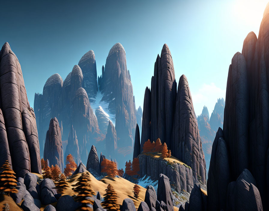 Tranquil landscape with towering rock formations and orange foliage