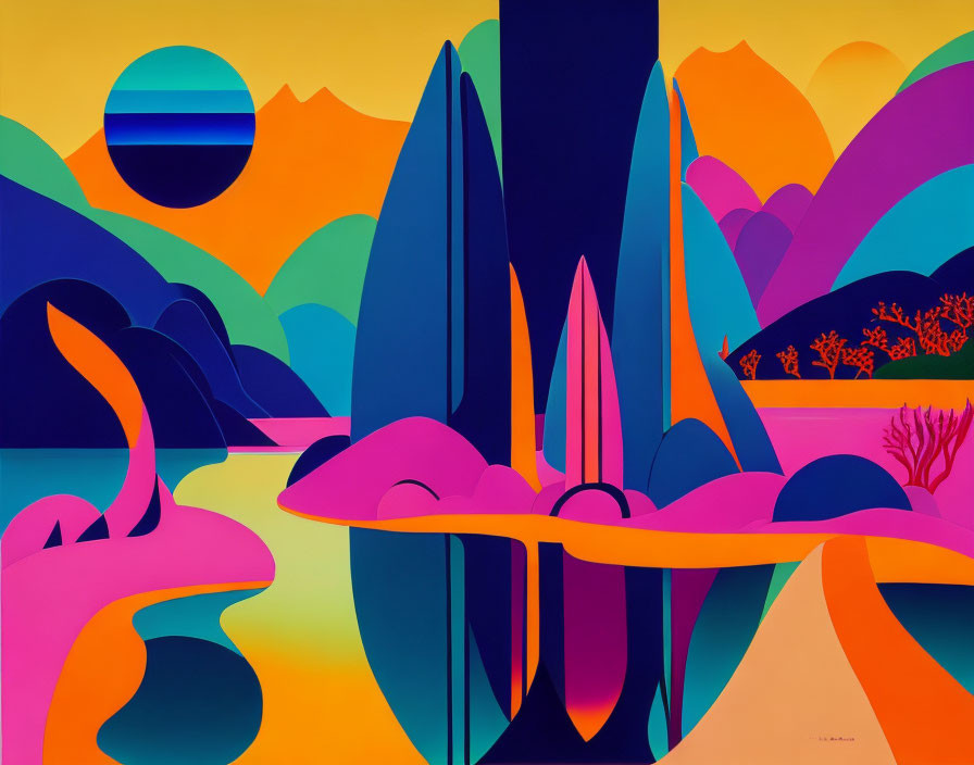 Colorful Abstract Landscape with Geometric Shapes and Nature Elements