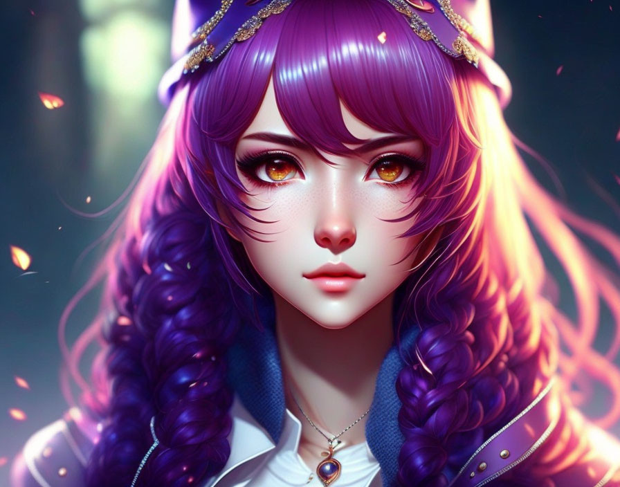 Digital Artwork: Female Character with Purple Hair and Golden Eyes in Fantastical Setting