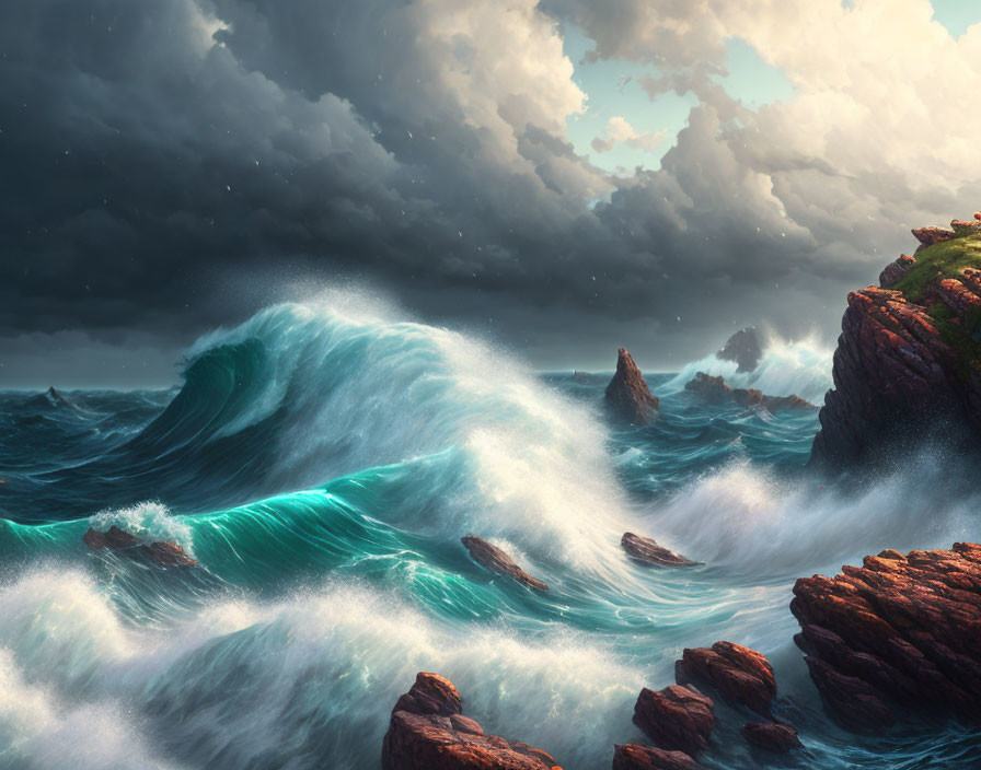 Stormy Seascape with Turbulent Waves and Rocky Shore